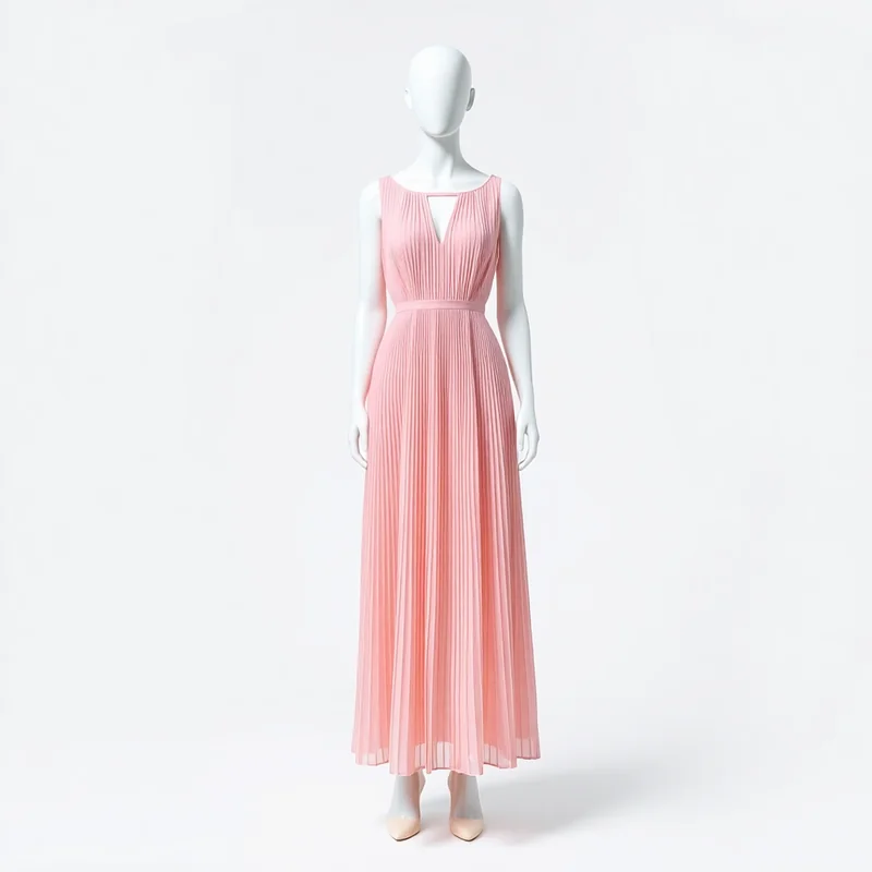 Vestido Plissado Midi Rosa