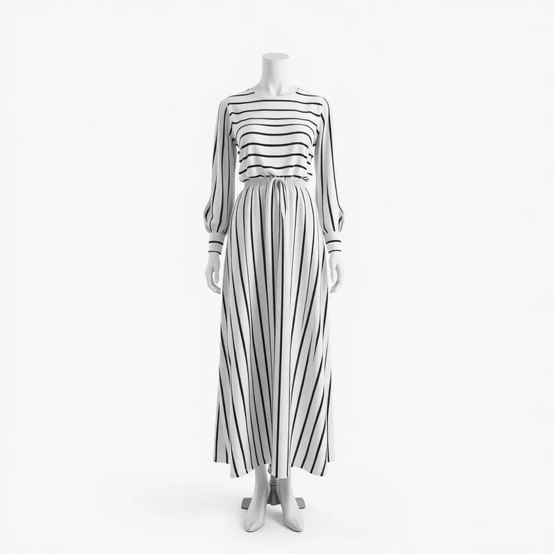 Vestido Midi Mangas Longas Listrado
